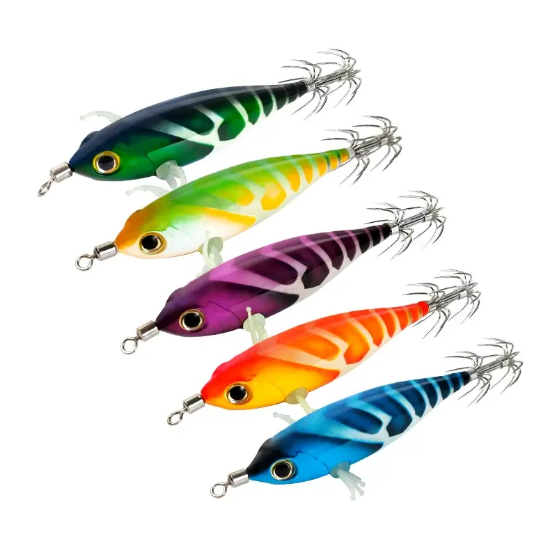 Wholesale squid egi fishing lures with luminous shrimp-style body and double hook crown for saltwater squid fishing