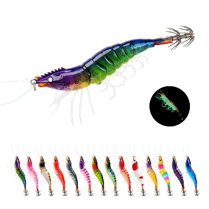 Wholesale realistic shrimp style squid egi lures with multi-color patterns and durable double hook crown for saltwater fishing tackle distributors