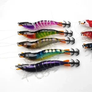 Bulk soft body shrimp squid jigs lifelike prawn design with sharp assist hooks for commercial fishing lure supply
