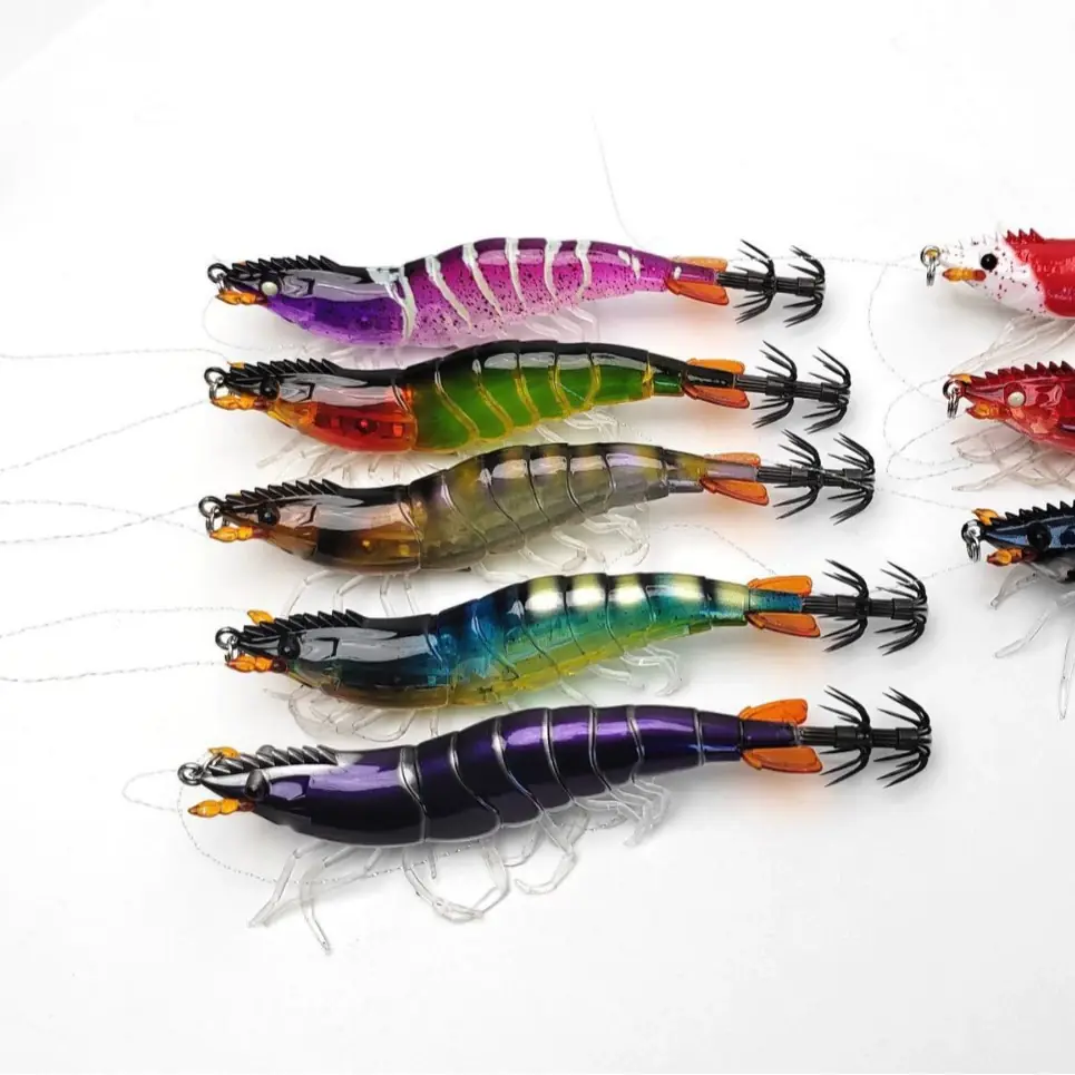 Bulk soft body shrimp squid jigs lifelike prawn design with sharp assist hooks for commercial fishing lure supply