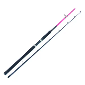 2 section fiberglass spinning boat fishing rod full view white background