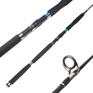 2 pieces carbon fiber jigging rod with blue metal trim full view white background