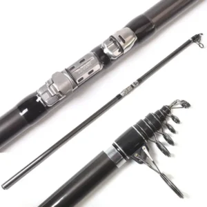 Black telescopic surf rod reel seat and guide ring overview white background