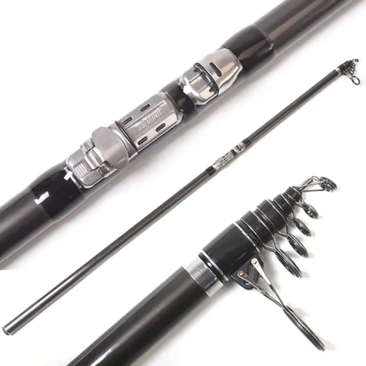 Black telescopic surf rod reel seat and guide ring overview white background