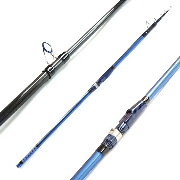 Blue telescopic surf rod full view white background