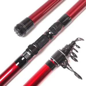 Red telescopic surf rod reel seat and guide ring overview white background