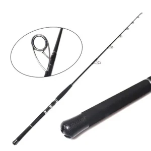 Single piece jigging rod full view with guide ring magnified detail white background