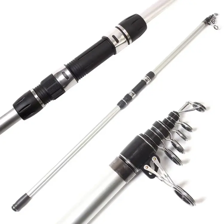 Telescopic surf fishing rod full view white background