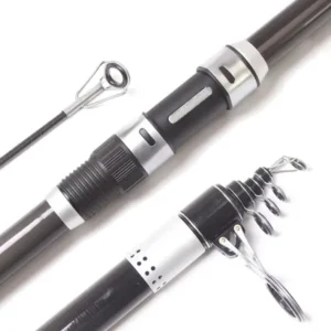 Telescopic surf rod reel seat and guide ring close-up white background