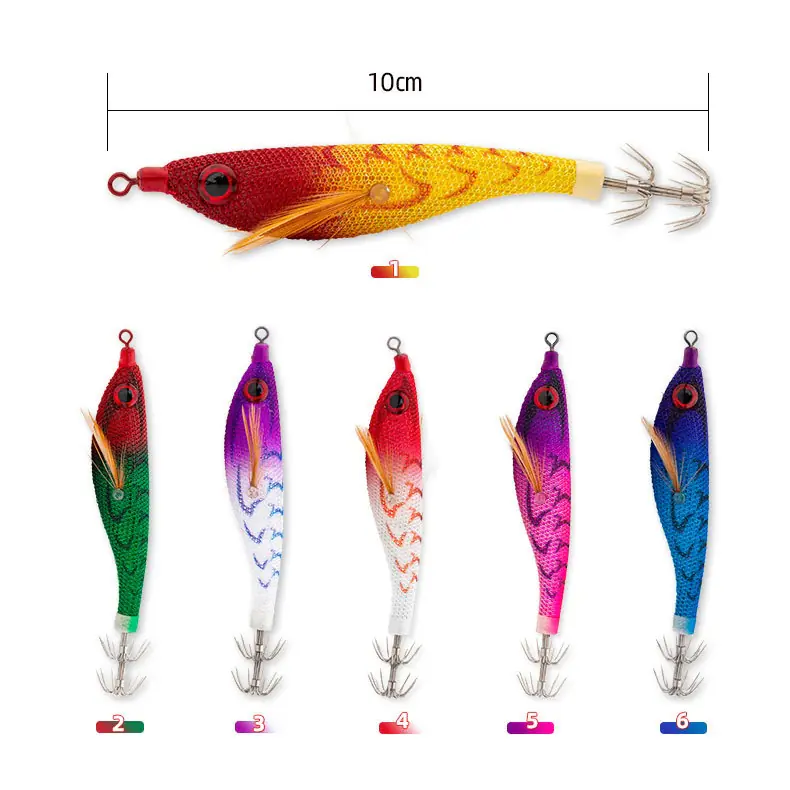 10cm cloth covered EGI squid jig with 6 gradient color choices, 3D bionic eye, feather gill and stainless steel crown hooks