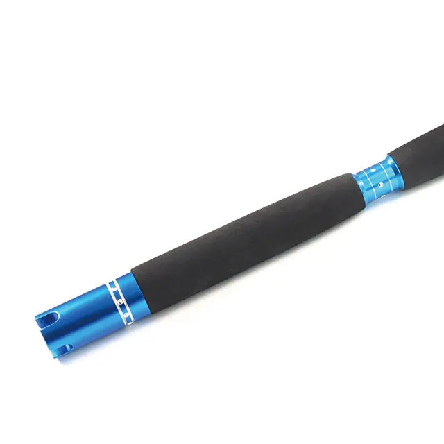 Carbon jigging rod butt blue metal end cap and eva grip close-up
