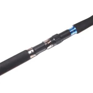 2 section jigging rod metal reel seat with blue trim close-up