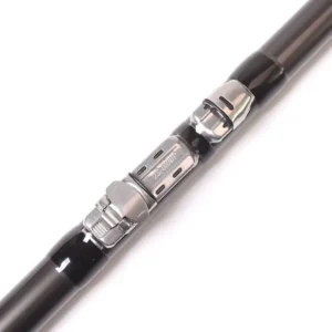 Black telescopic surf rod metal reel seat detail white background