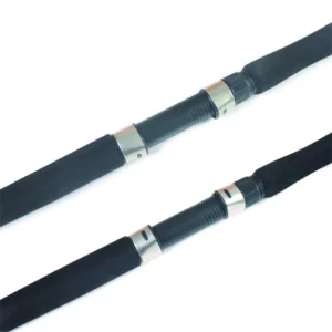 Spinning rod metal locking reel seat close-up, two rods comparison