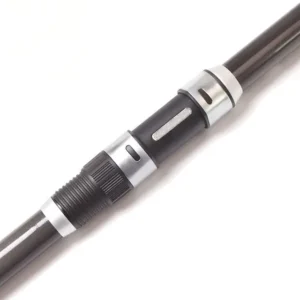 Telescopic surf fishing rod metal reel seat detail white background
