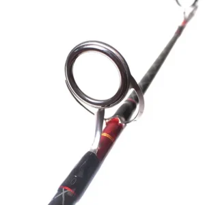 Black carbon jigging rod metal guide ring close-up