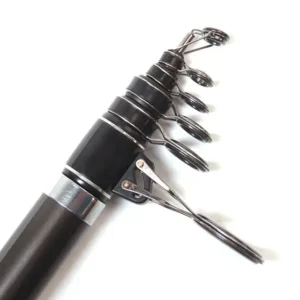 Black telescopic surf rod foldable guide ring group close-up white background