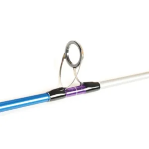Blue carbon jigging rod metal guide ring close-up