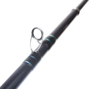 Fiberglass jigging rod stainless steel guide ring and blank detail close-up