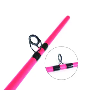 Pink fiberglass spinning rod guide ring frame close-up