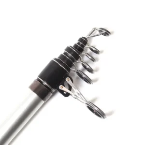 Telescopic surf rod foldable guide rings close-up white background