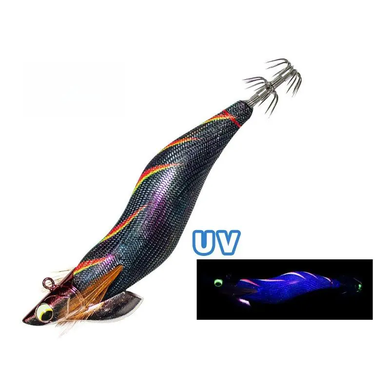 black-rainbow-stripe-uv-cloth-paulownia-wood-egi-squid-jig-white-background Black rainbow stripe UV cloth covered paulownia wood EGI squid jig, UV activated body and stainless steel squid crown hooks