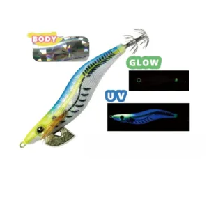 Blue green gradient holographic cloth EGI squid jig with metal diving plate, UV and glow dual effect, crown hooks