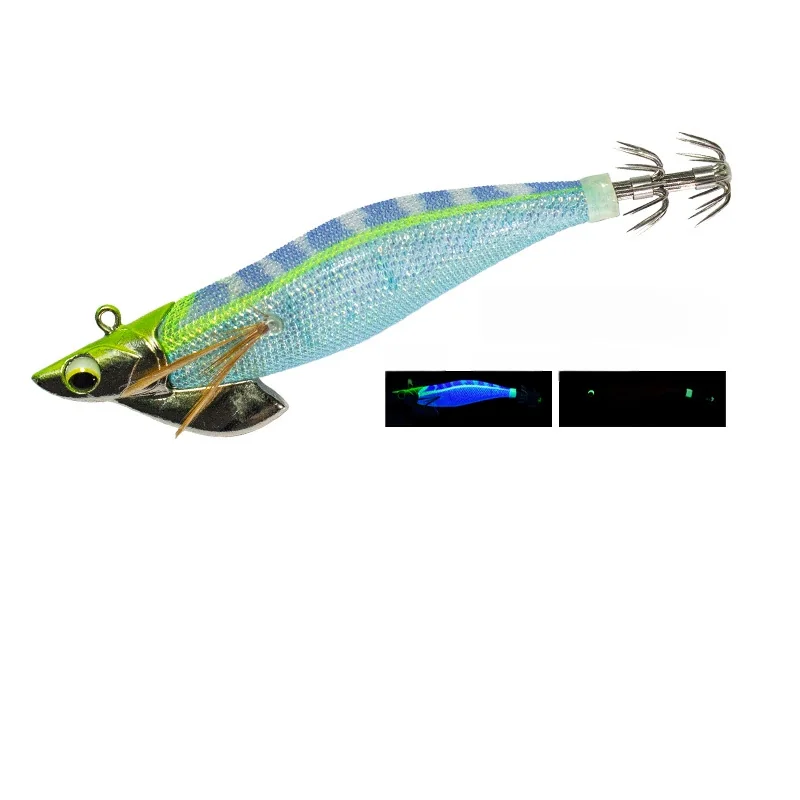 blue-green-tiger-stripe-egi-squid-jig-metal-diving-plate.jpg Blue green tiger stripe cloth covered EGI squid jig with metal diving plate, 3D eye, feather gill and luminous tail crown hooks