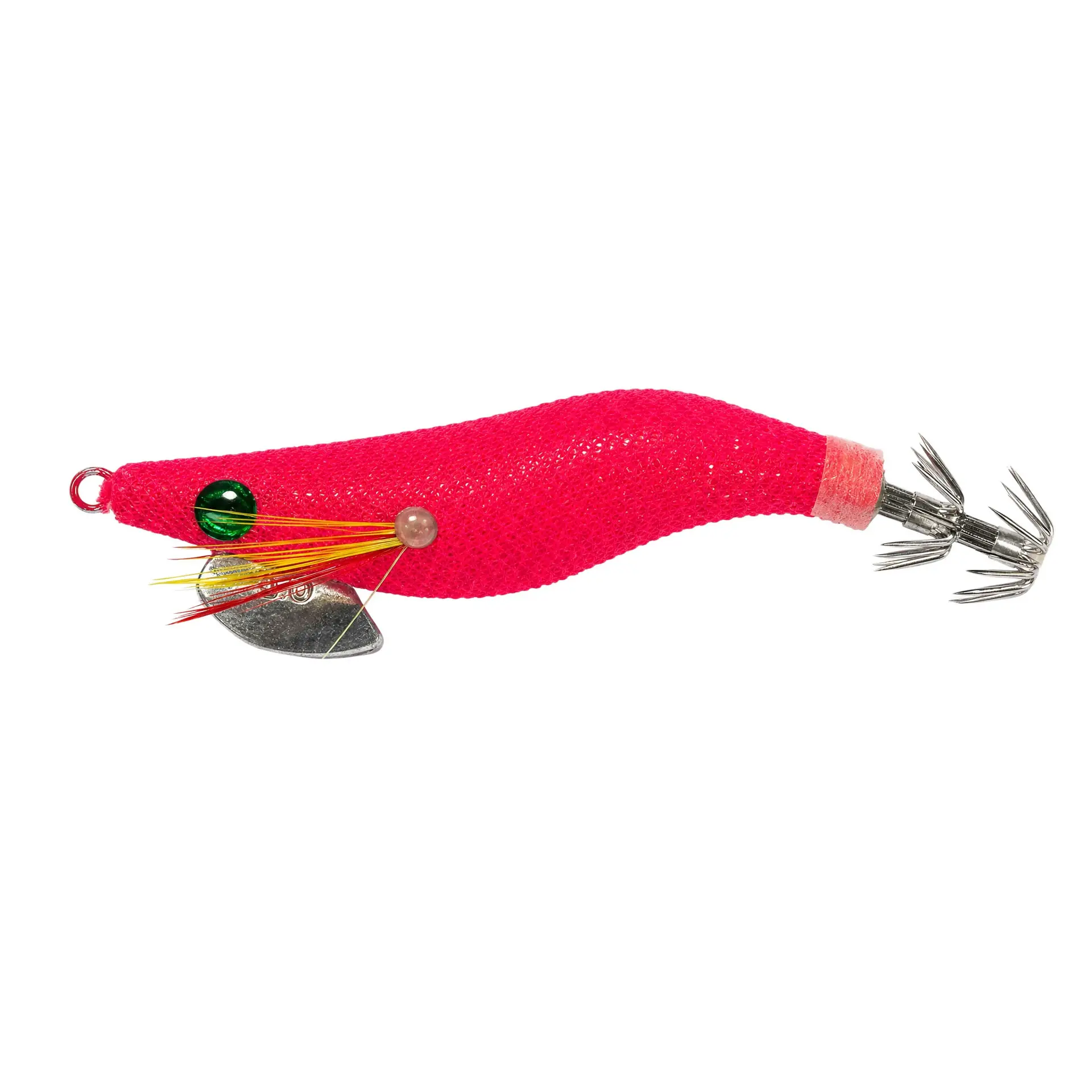 Bright red cloth covered EGI squid jig with metal diving plate and crown hooks