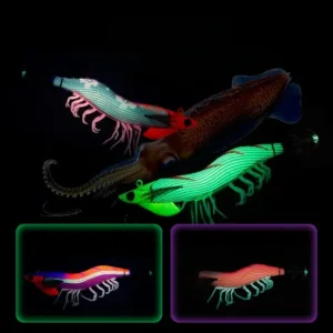 Night glow effect of paulownia wood EGI squid jig with luminous silicone shrimp legs for deep water squid angling