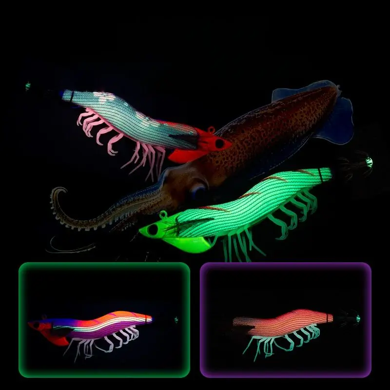 dark-night-glow-display-paulownia-wood-egi-squid-jig.jpg Night glow effect of paulownia wood EGI squid jig with luminous silicone shrimp legs for deep water squid angling