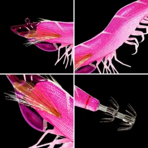 Four grid closeup of handmade paulownia wood EGI squid jig, showing bionic eye, cloth texture, silicone shrimp legs and rear crown hooks