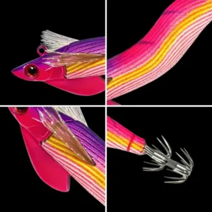 Four grid closeup of glow cloth EGI squid jig, showing bionic eye, woven cloth texture, diving fin and rear crown hooks