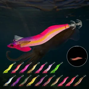 Glow cloth covered EGI squid jig with solid paulownia wood core, 3D bionic eye, diving fin and stainless steel crown hooks