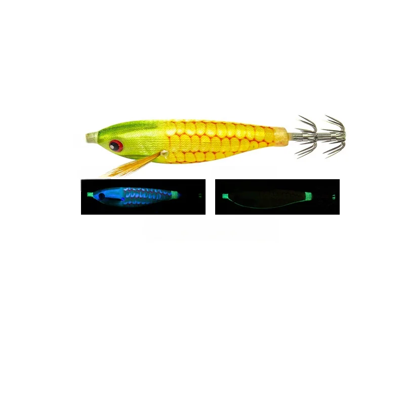green-head-yellow-corn-pattern-egi-squid-jig.jpg Green head yellow corn scale pattern cloth wrapped egi squid jig with UV and glow effect