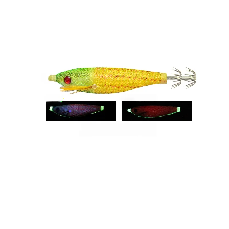 green-head-yellow-scale-pattern-egi-squid-jig.jpg Green head yellow scale pattern cloth wrapped egi squid jig with UV and glow effect