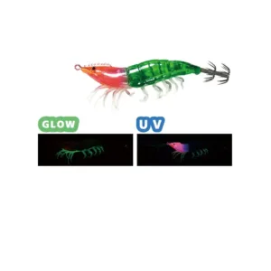 Green pink shrimp shaped EGI squid jig with glow and UV effect and crown hooks