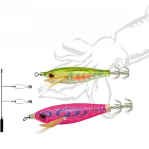 Green and pink cloth covered EGI squid jig set with 3D red eyes, feather gill and stainless steel crown hooks