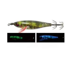 Green transparent hard body squid jig with UV & luminous effect, 3D red eye, feather tassel and stainless steel squid hooks