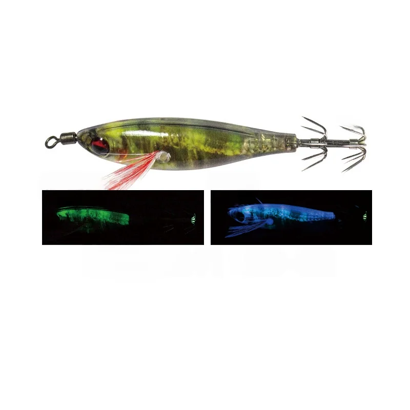 green-transparent-uv-glow-squid-jig-white-background.jpg Green transparent hard body squid jig with UV & luminous effect, 3D red eye, feather tassel and stainless steel squid hooks