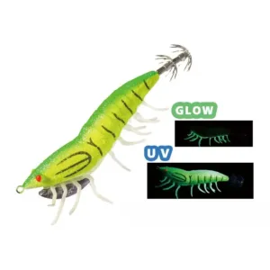 Green yellow EGI squid jig with soft silicone shrimp legs, metal diving plate, glow in dark and UV reactive effect, squid crown hooks