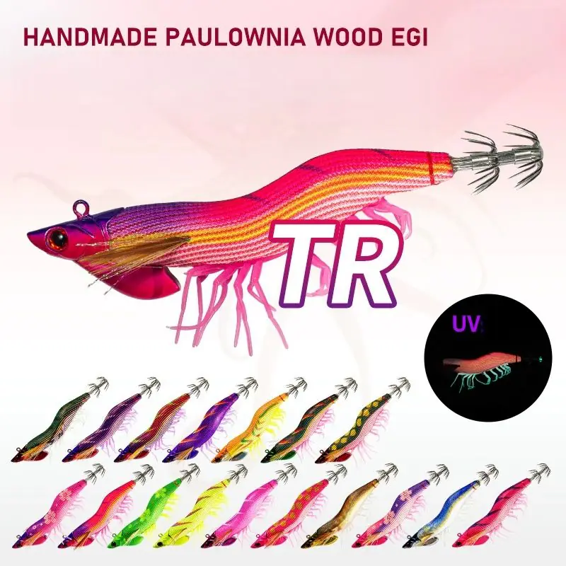 Handmade paulownia wood EGI squid jig with cloth cover, luminous silicone shrimp legs, UV glow effect and stainless steel crown hooks