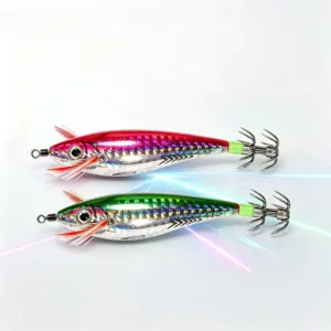 Holographic fish pattern EGI squid jig pair with 3D eyes, feather gill and stainless steel crown hooks