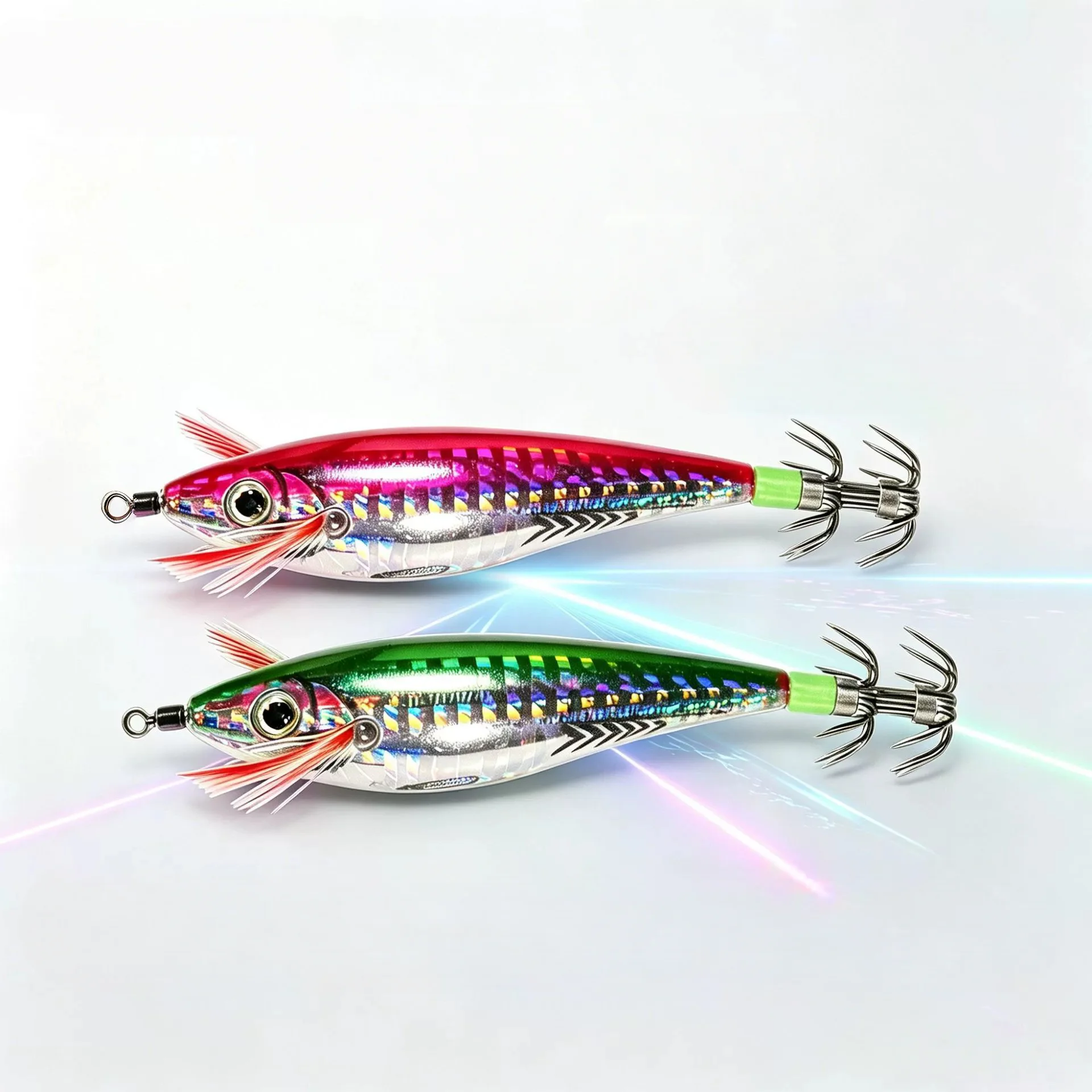 Holographic fish pattern EGI squid jig pair with 3D eyes, feather gill and stainless steel crown hooks
