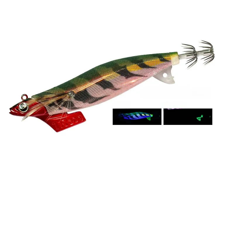 iger-pattern-cloth-covered-egi-squid-jig-uv-glow-effect.jpg Tiger stripe cloth covered EGI squid jig with red diving plate, UV active print, glow in dark, 3D eye, feather and stainless steel crown hooks