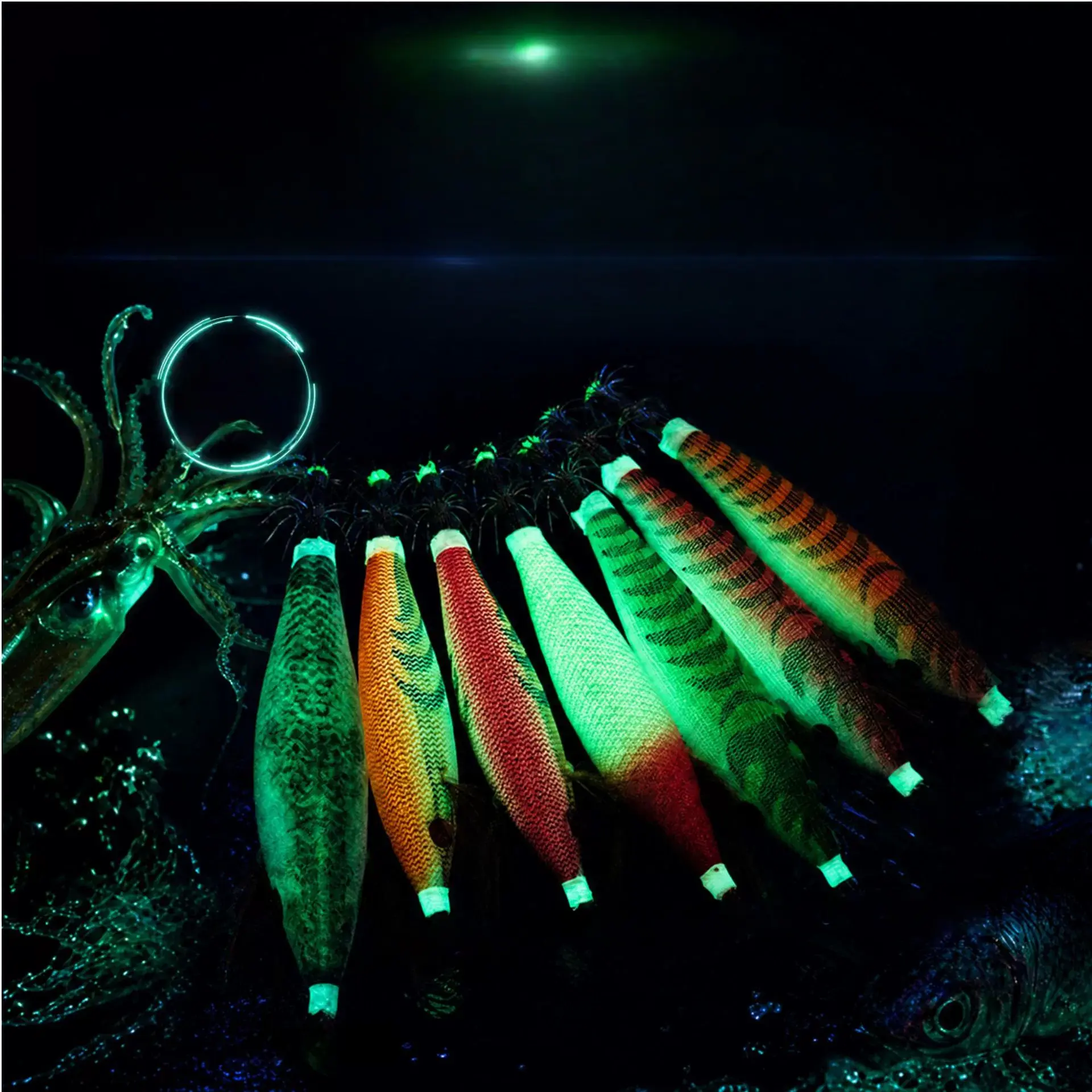 Assorted luminous EGI squid jigs showing bright green glow effect in dark underwater environment