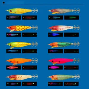 Full color chart of luminous UV cloth wrapped egi squid jig, 10 color patterns with UV and glow effect preview