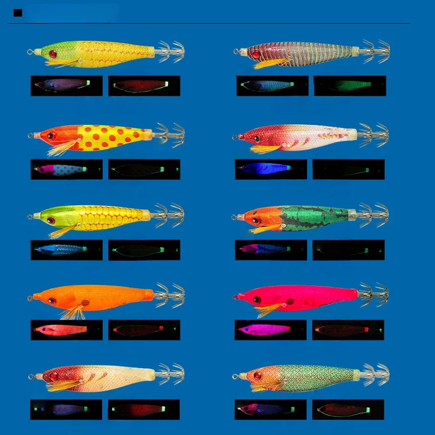 Full color chart of luminous UV cloth wrapped egi squid jig, 10 color patterns with UV and glow effect preview