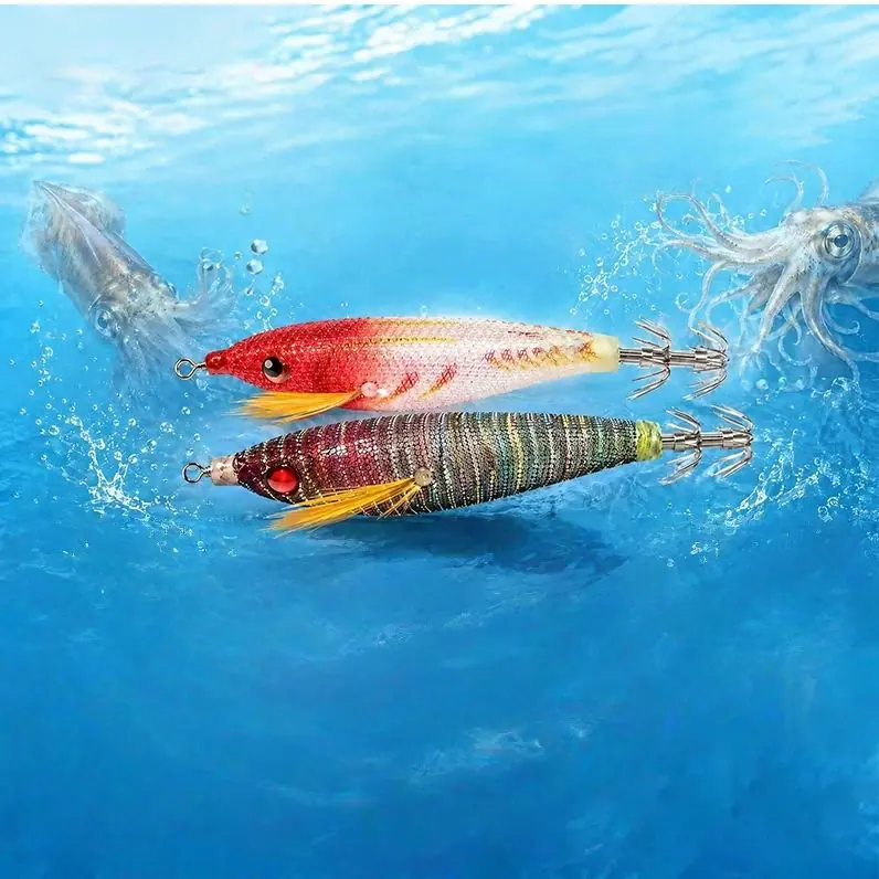Luminous UV cloth wrapped egi squid jig, two color squid lures with 3D eye and stainless steel squid hook for saltwater squid fishing