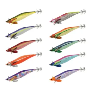 Metallic cloth covered EGI squid jig collection with 3D bionic eyes, side diving fins and stainless steel crown hooks